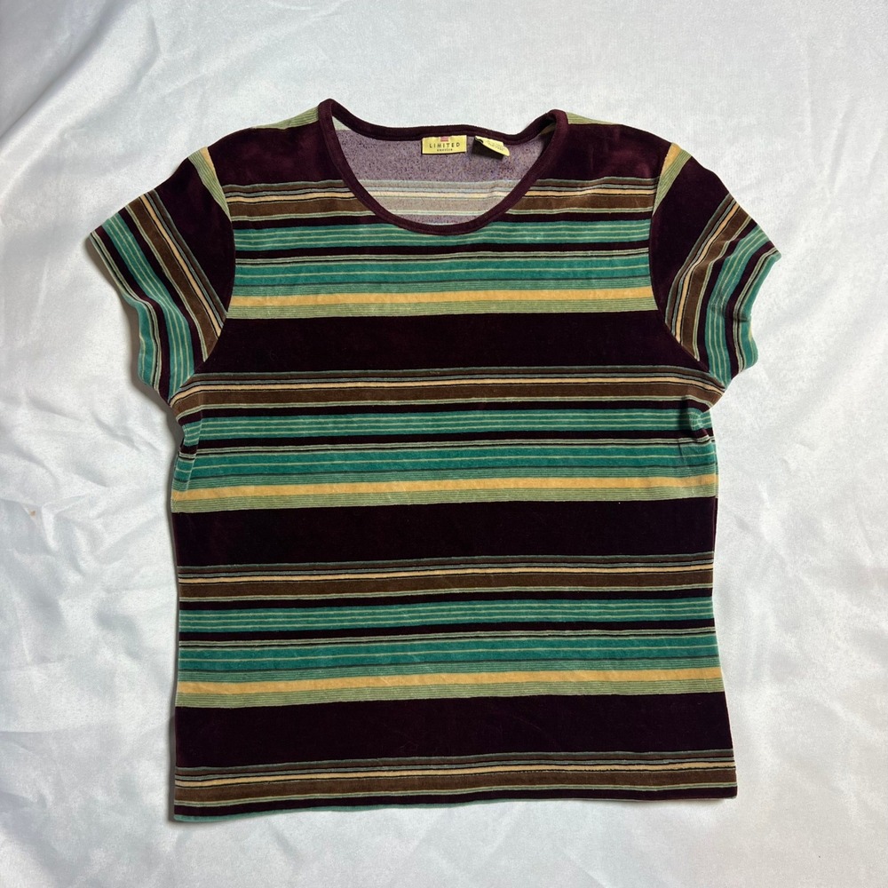Limited America Vintage 90s Velour Striped Short‎ Sleeve Top Purple Teal Large